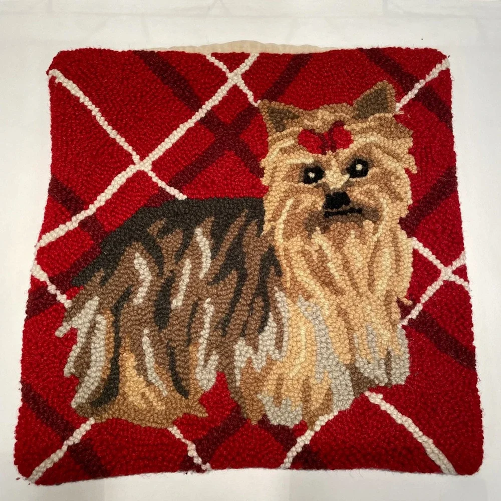 Yorkshire Terrier Dog Needlepoint Pillow Cover Red Plaid Argyle Home Decor 18x18